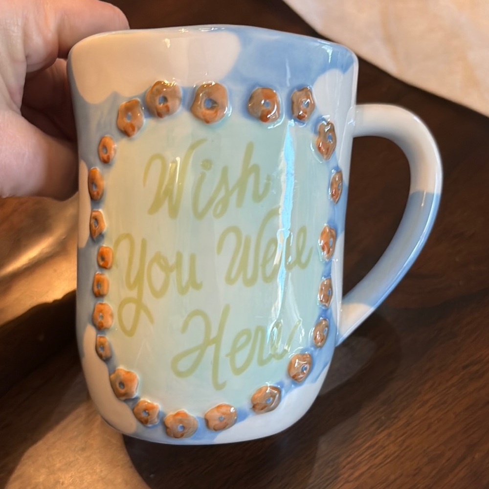 UO Home “Wish You Were Here” Sentimental Artisan style raised floral detail Mug